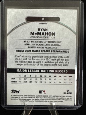 2025 Topps Finest - Common Ryan McMahon #38 Sky Blue Refractor /325