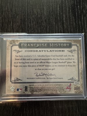 2008 Upper Deck A Piece of History Franchise History Jersey C.C Sabathia 72/99