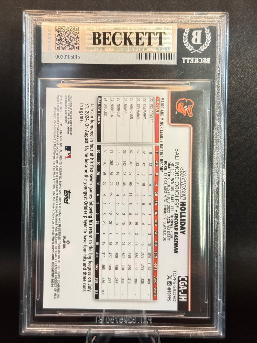 2025 Topps Chrome Gilded Jackson Holliday Gold Auto Orange Refractor /25 BGS 8.5