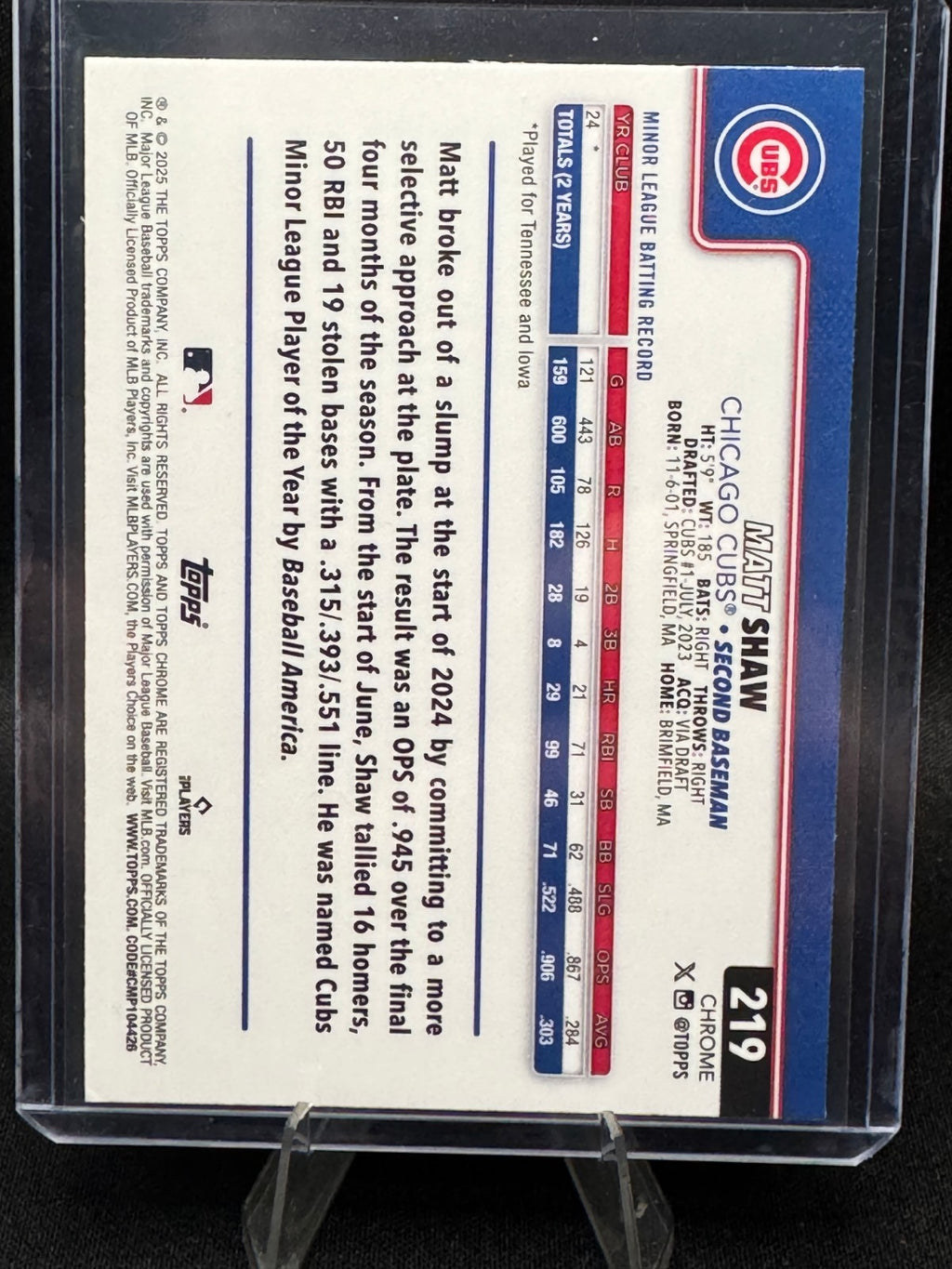 2025 Topps Chrome Logofractor Matt Shaw #219 Green Refractor  /99 (RC) Cubs