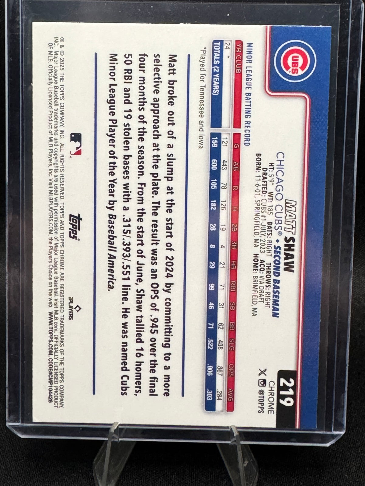 2025 Topps Chrome Logofractor Matt Shaw #219 Green Refractor  /99 (RC) Cubs