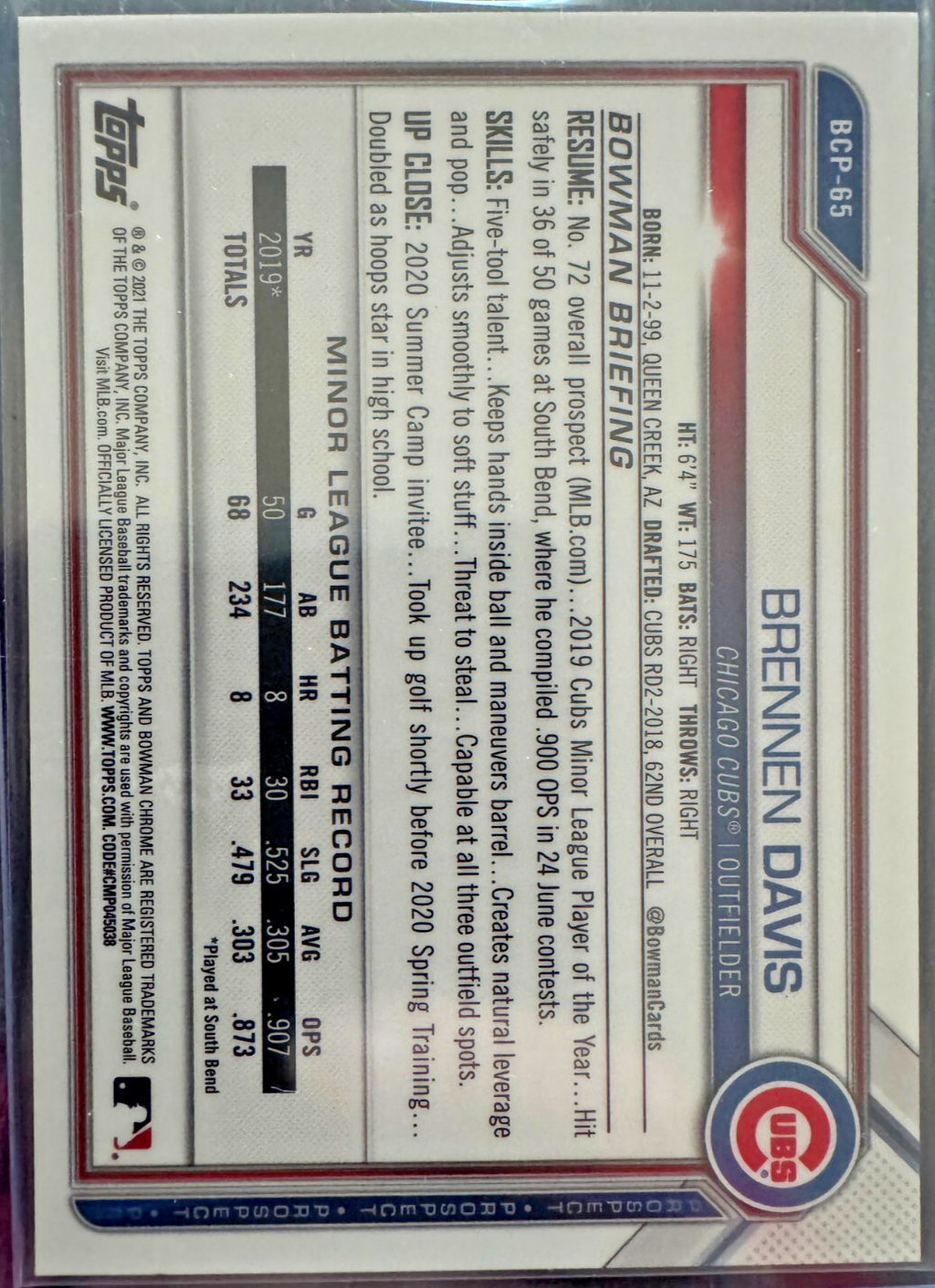 2021 Bowman Sapphire Edition - Chrome Prospects Brennen Davis #BCP-65 Aqua Ref..