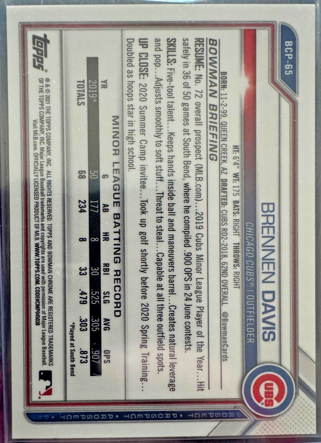 2021 Bowman Sapphire Edition - Chrome Prospects Brennen Davis #BCP-65 Aqua Ref..