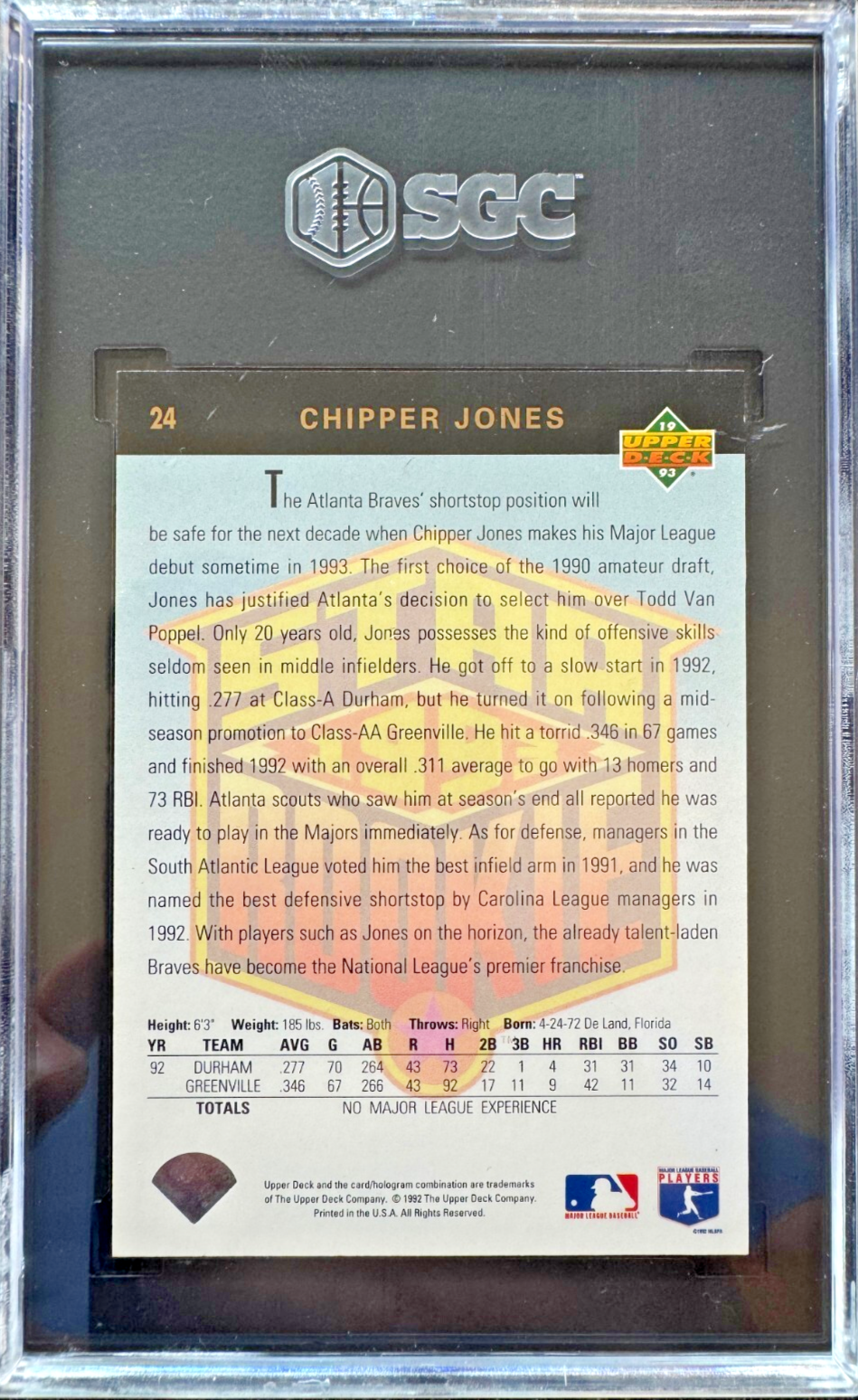 1993 Upper Deck Chipper Jones Star Rookie #24 SGC 9 Mint HOF Atlanta Braves