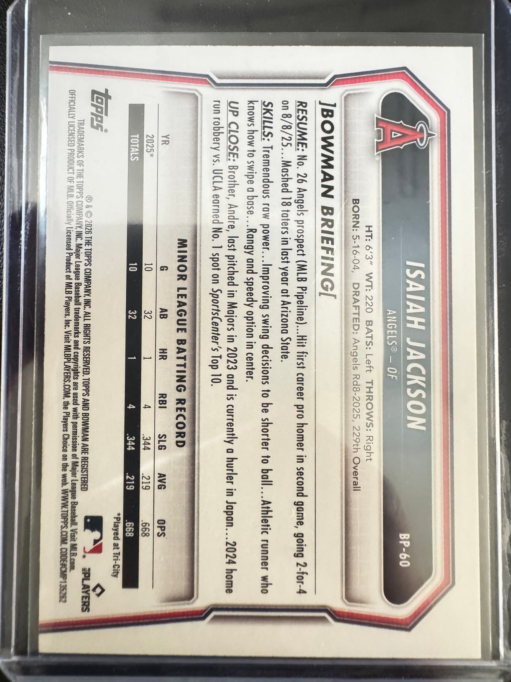 2026 Bowman Baseball Isaiah Jackson 1st Bowman Sky Blue /499 Angels