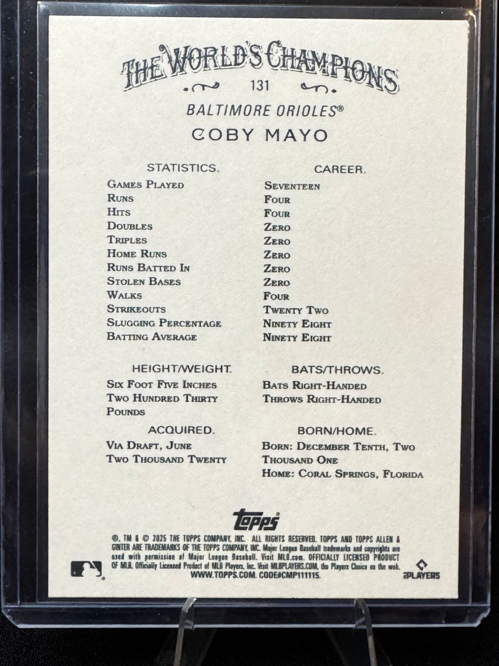 2025 Topps Allen & Ginter Coby Mayo #131 Base and Foil Filagree