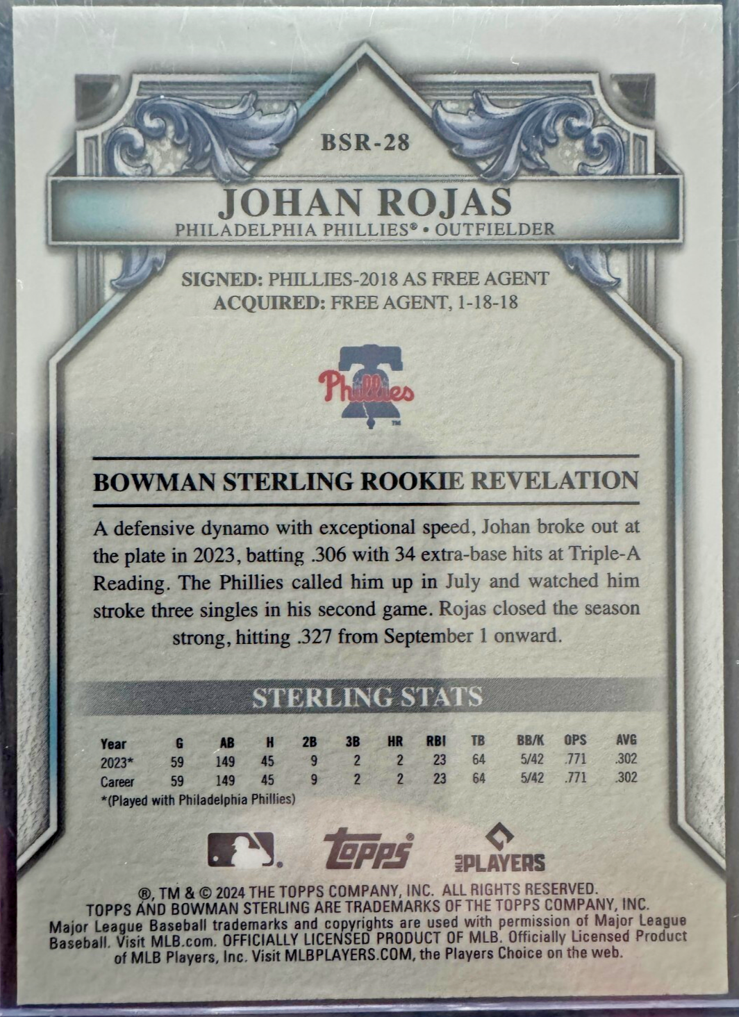 2024 Bowman Sterling - Rookie Johan Rojas #BSR-28 Magenta Refractor /75 (RC)