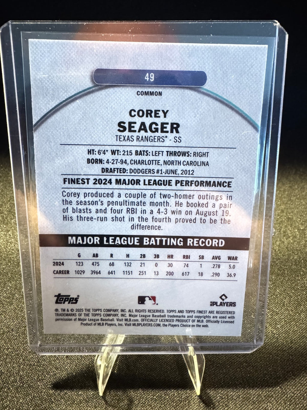 2025 TOPPS FINEST COREY SEAGER #49 COMMON SKY BLUE REFRACTOR /325, TEXAS RANGERS