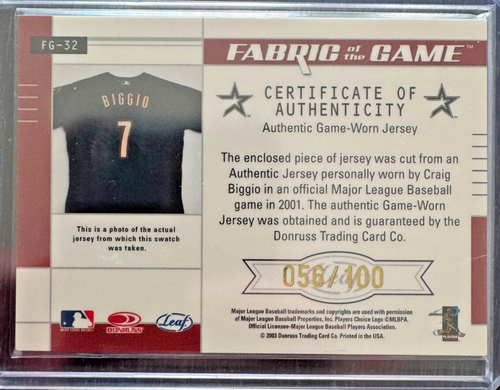 2003 Donruss - Fabric of the Game Craig Biggio FG-32 /100