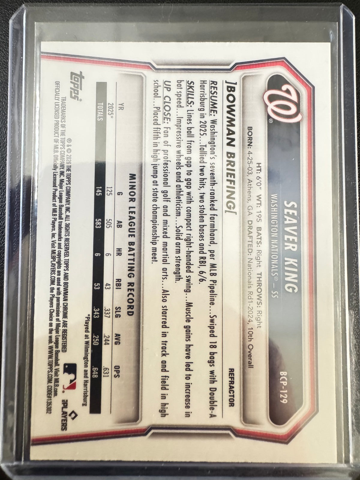 2026 Bowman #BCP-129 Seaver King Chrome Prospects Refractor #/499