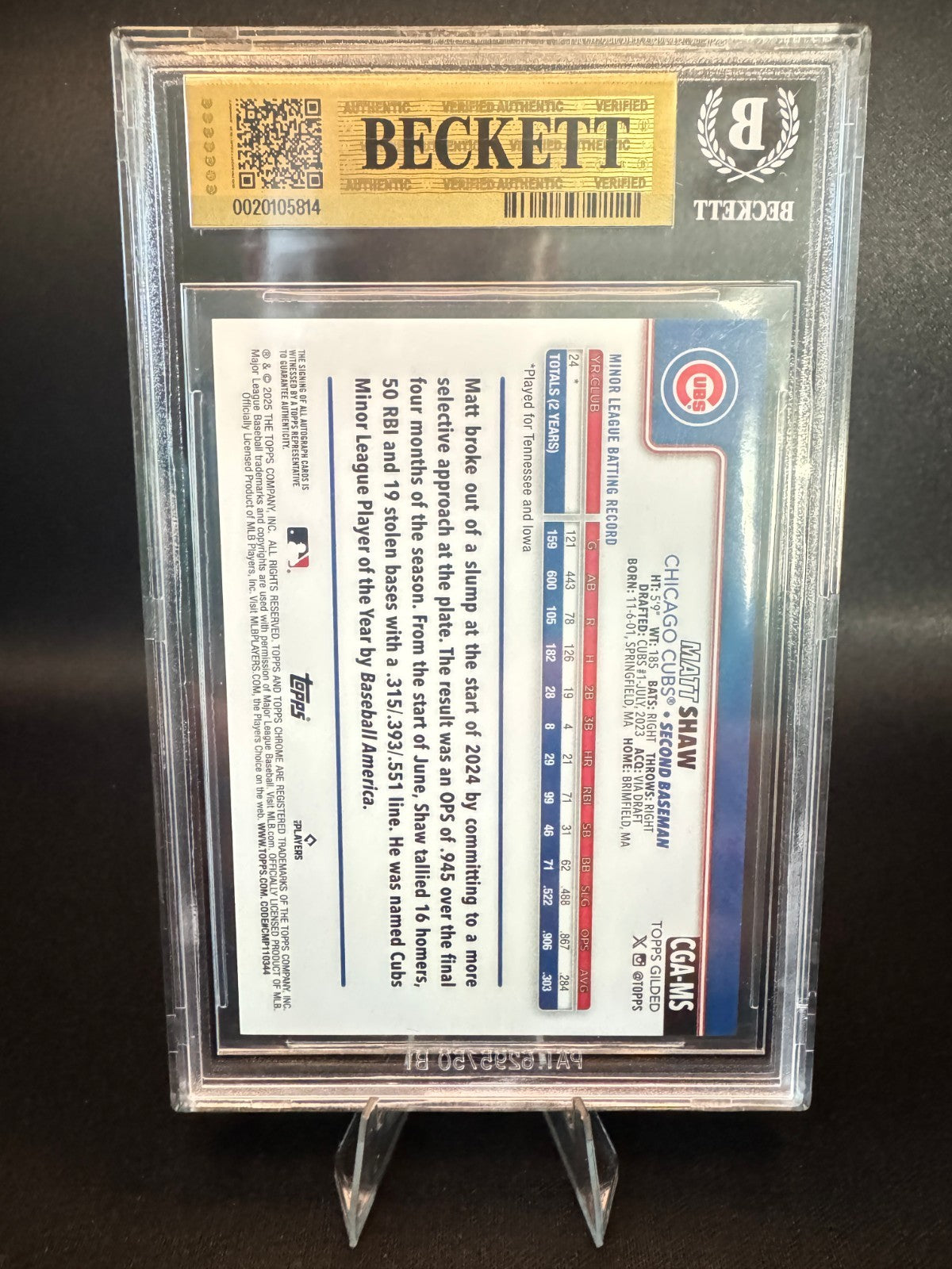 2025 Topps Chrome Gilded Matt Shaw Gold Auto Blue Ref. CGA-MS 6/50 BGS 9.5 RC