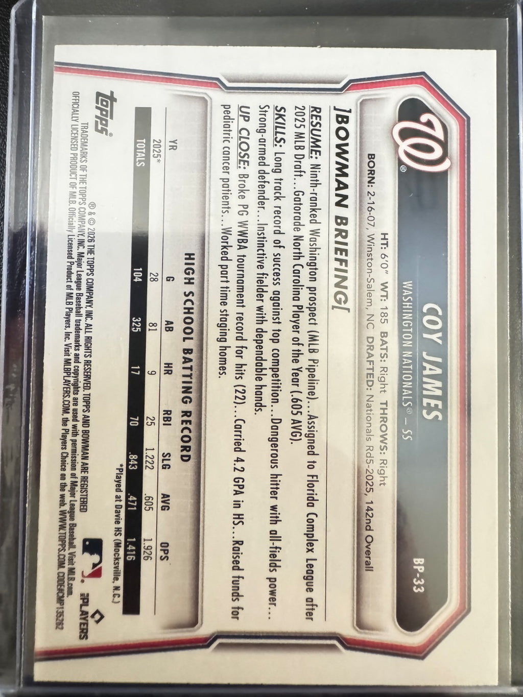 2026 Bowman Baseball Prospects Coy James, Washington Nationals Sky Blue /499