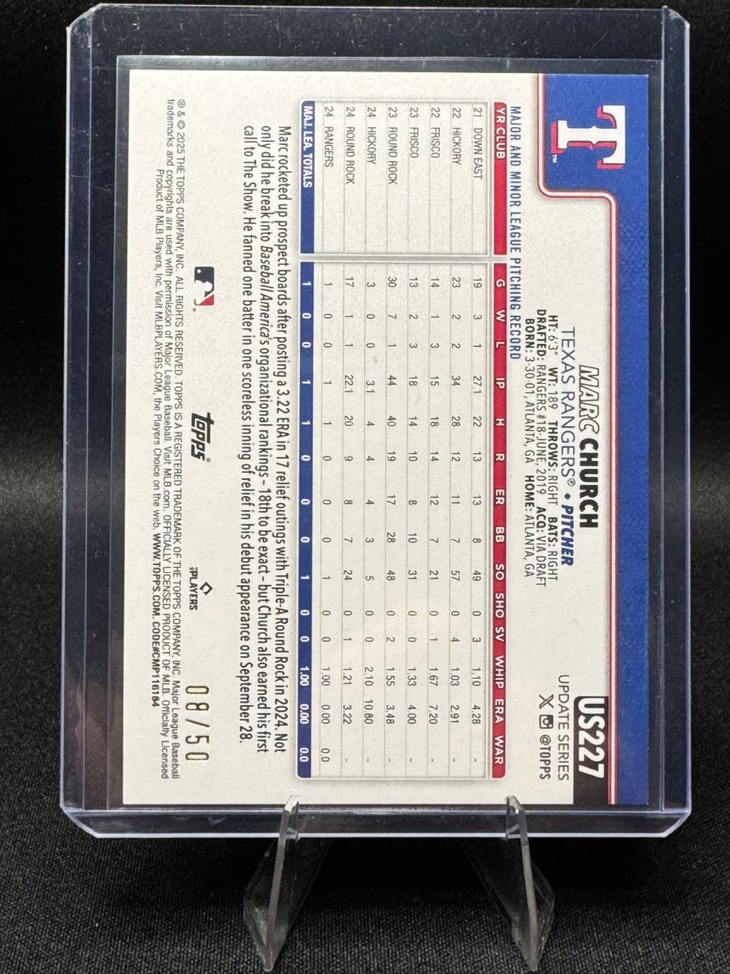 2025 Topps Update Series Marc Church RC #US227 Gold Foil Parallel #08/50 Rangers