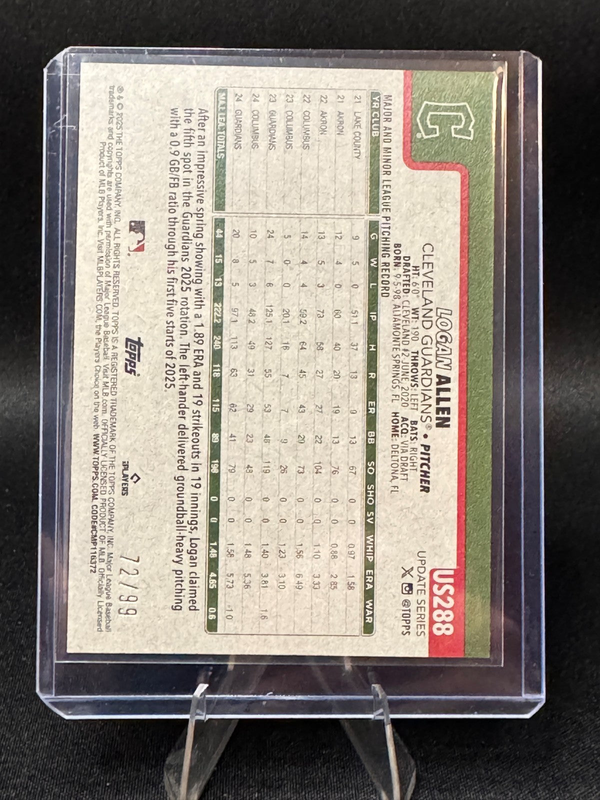 2025 Topps Update Logan Allen #US288 - Vintage Stock Variation #/99 Guardians