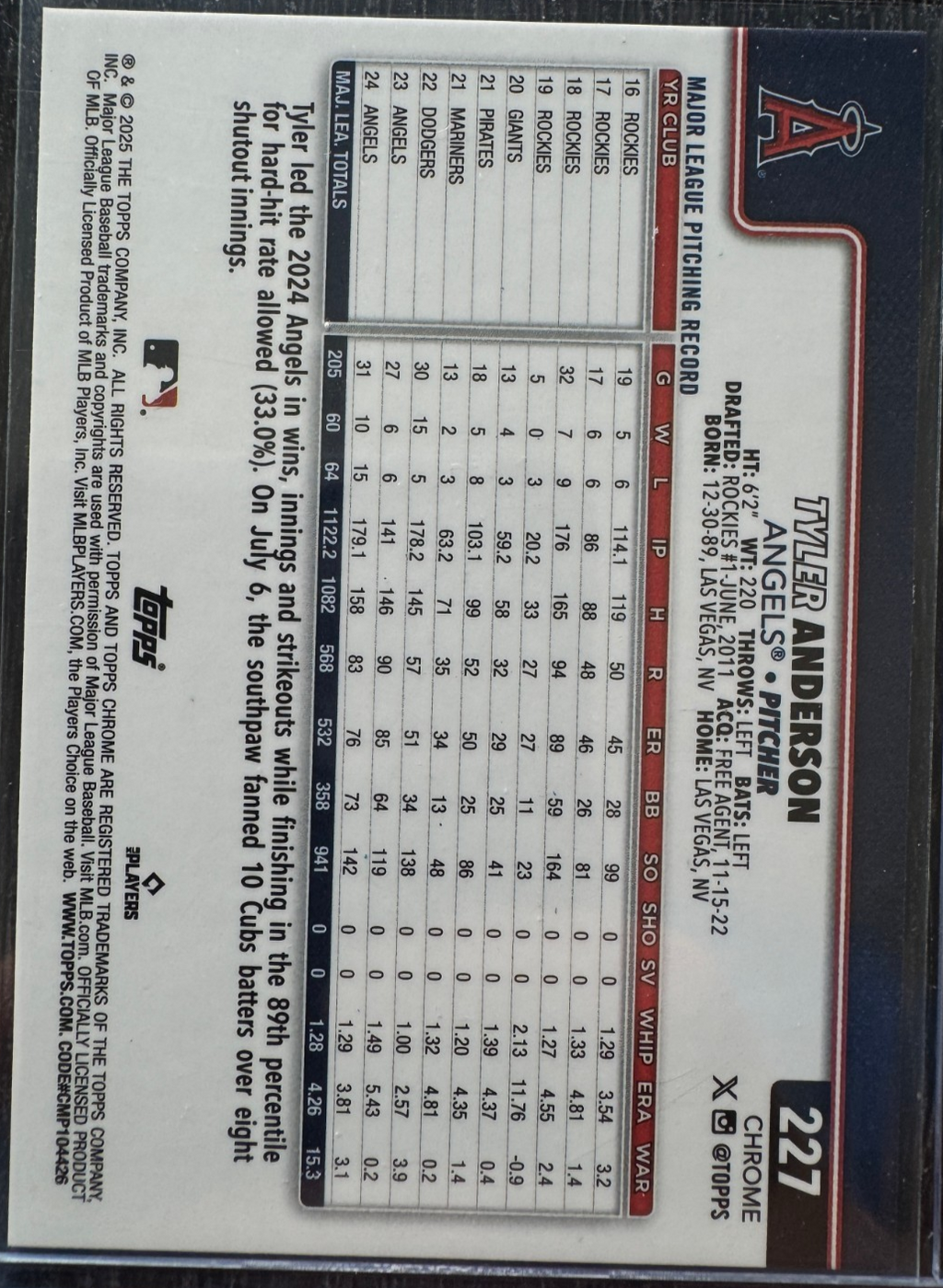 TYLER ANDERSON 2025 TOPPS CHROME GREEN LAVA ANGELS /99