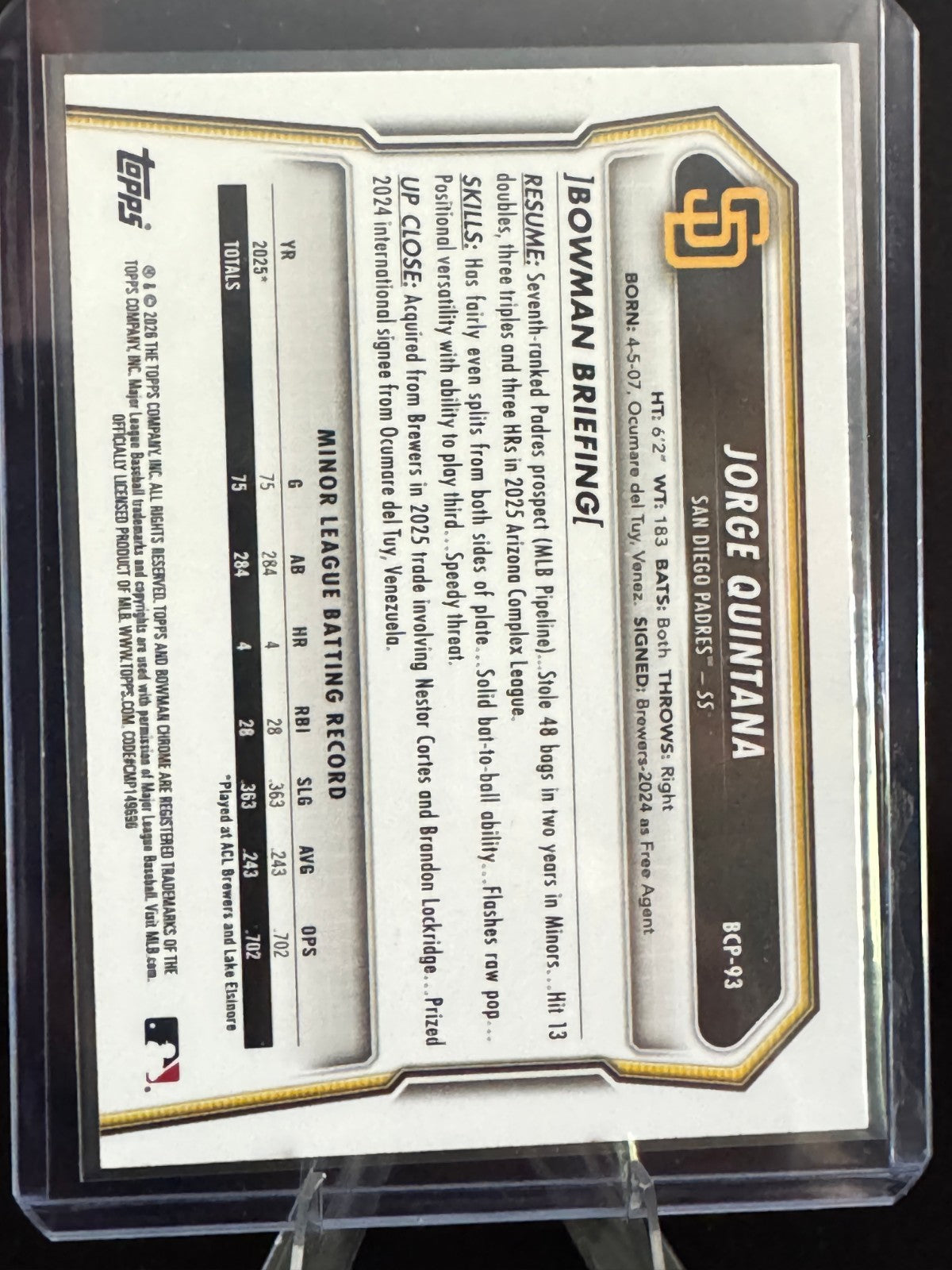 2026 Bowman Mega Box Jorge Quintana Chrome Pink Mojo Refractor /199 Padres