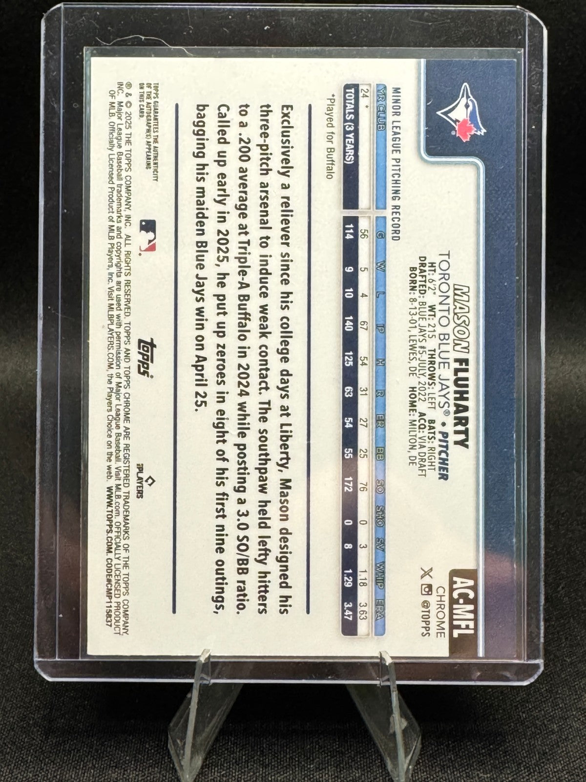 2025 Topps Chrome Update Mason Fluharty Auto Blue /150 Color Match Blue Jays