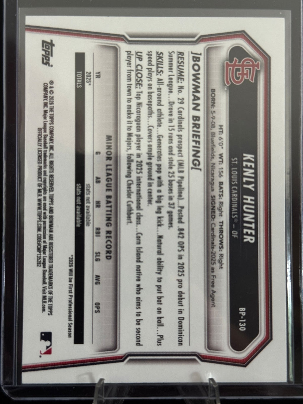 2026 Bowman Kenly Hunter 1st Blue Paper /150 Cardinals #BP-130
