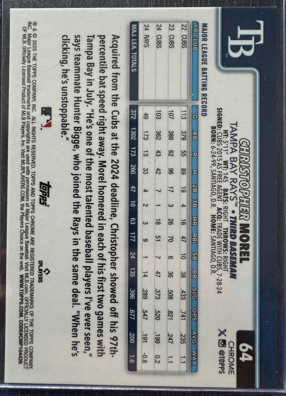 2025 Topps Chrome-Christopher Morel #64 Blue Refractor /150, Tampa Bay Rays