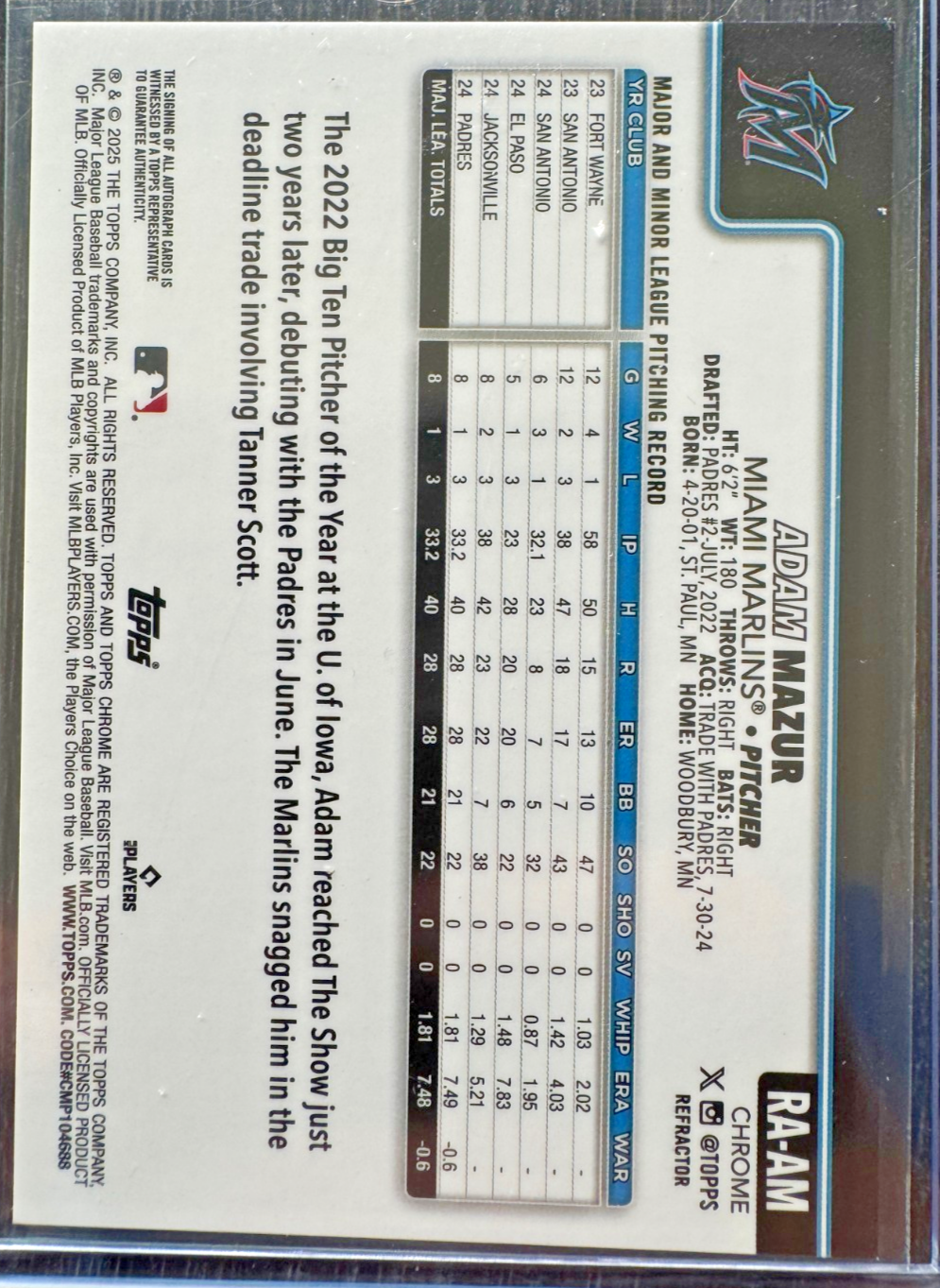 2025 Topps Chrome Adam Mazur RA-AM /499 AUTO