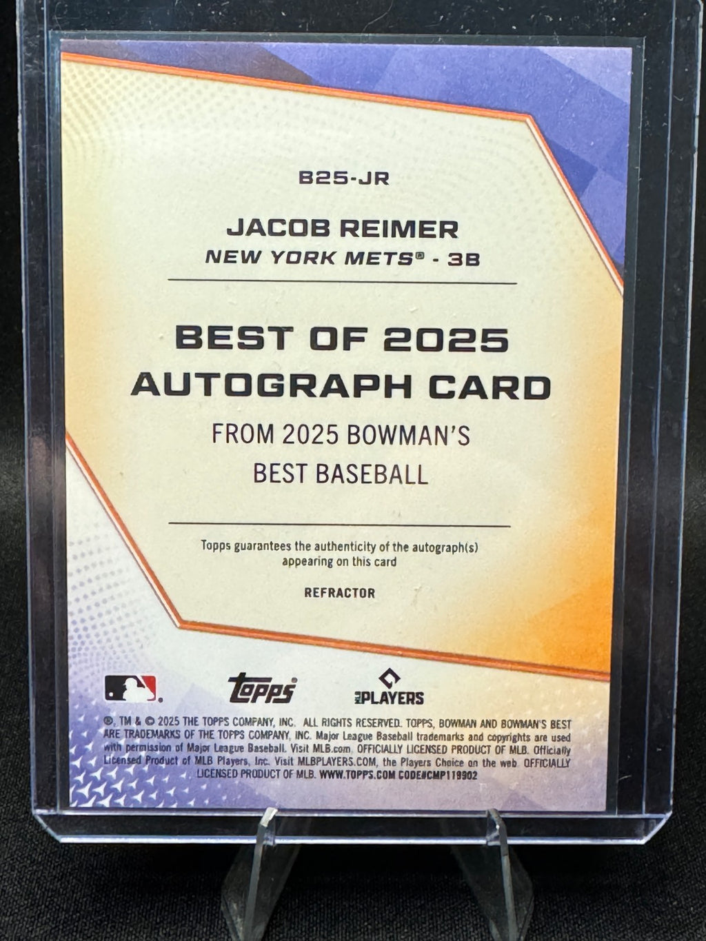 2025 Bowman's Best #B25-JR Jacob Reimer, Mets Best of '25 Auto On-Card Refractor