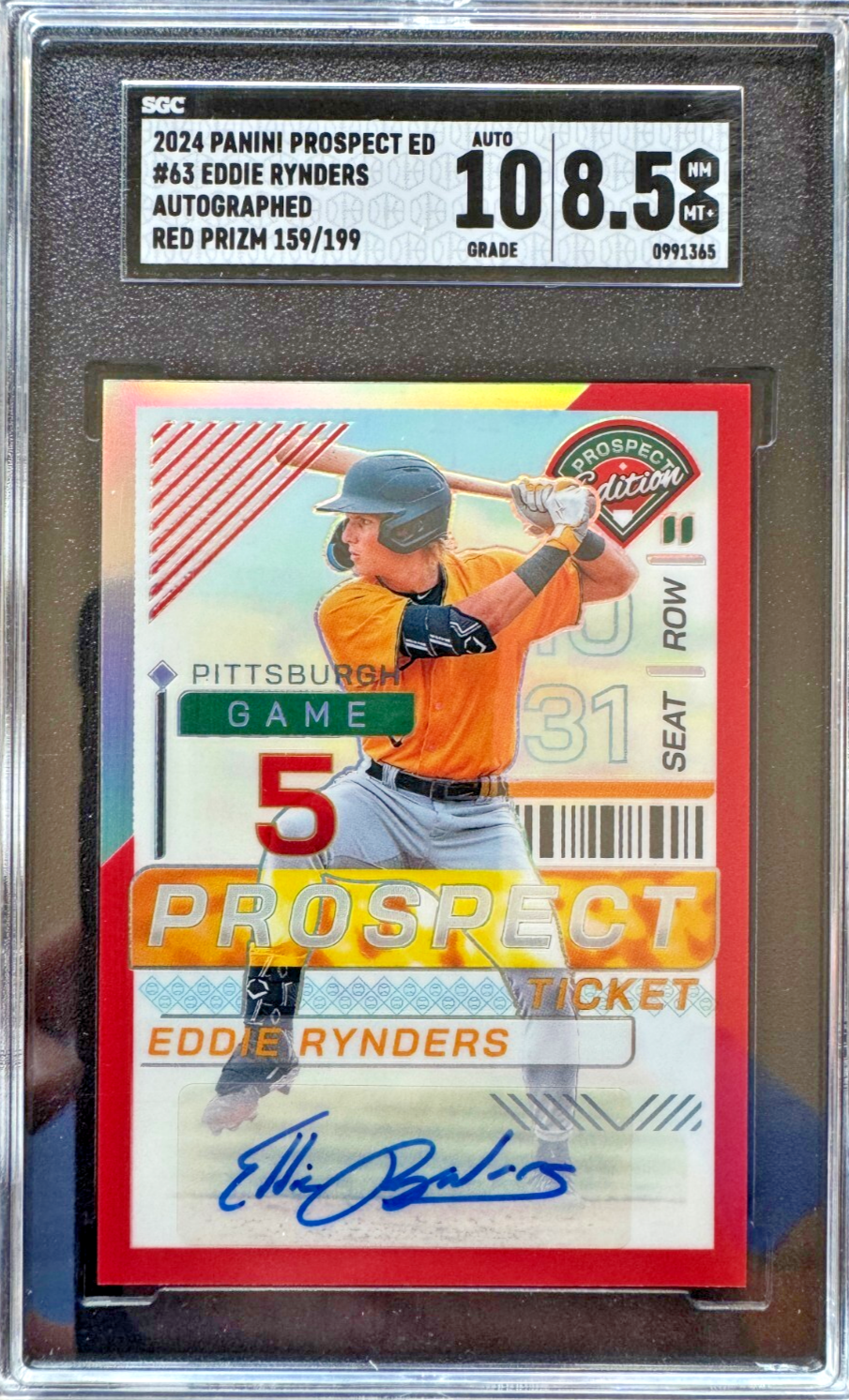 2024 Panini Prospect Edition Eddie Rynders Holo Ticket Red /199 SGC 8.5 Auto 10