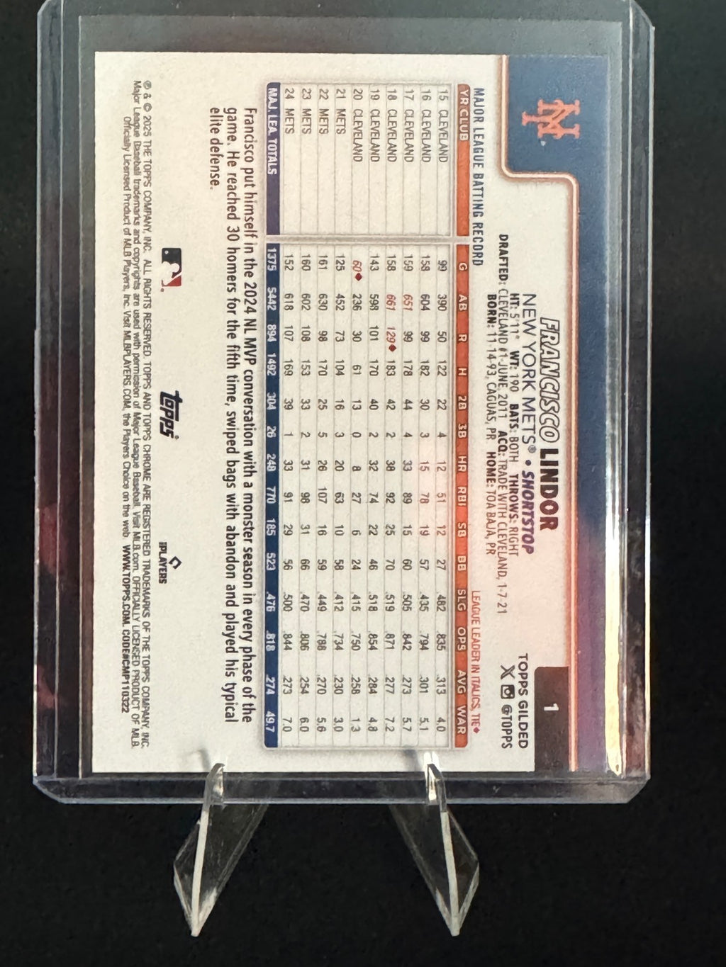 FRANCISCO LINDOR 2025 TOPPS CHROME GILDED BASEBALL GOLD METS /99 NY METS