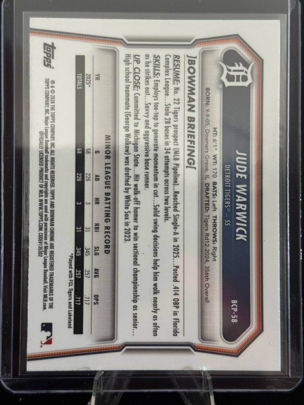 2026 Bowman - Jude Warwick 1st Bowman Chrome Blue Raywave Refractor /150 Tigers