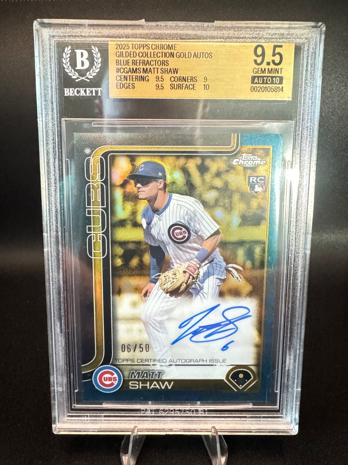 2025 Topps Chrome Gilded Matt Shaw Gold Auto Blue Ref. CGA-MS 6/50 BGS 9.5 RC