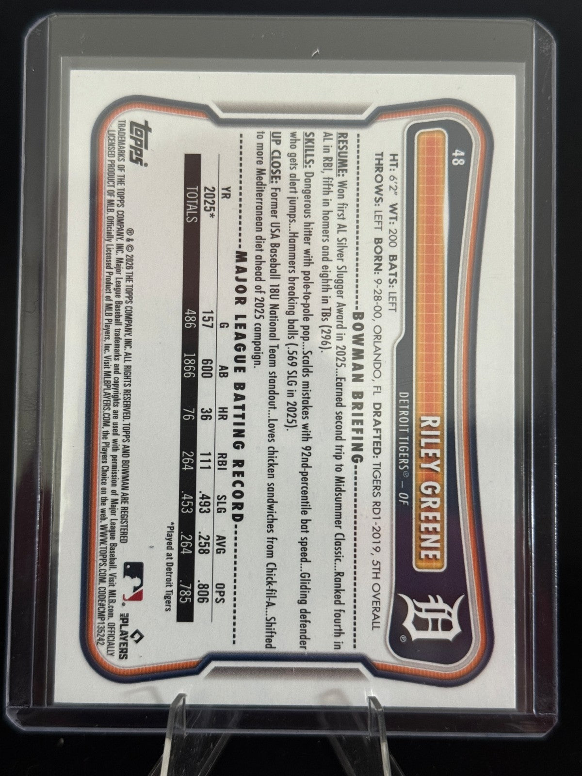2026 BOWMAN RILEY GREENE NEON GREEN BORDER PAPER /399 #48 TIGERS