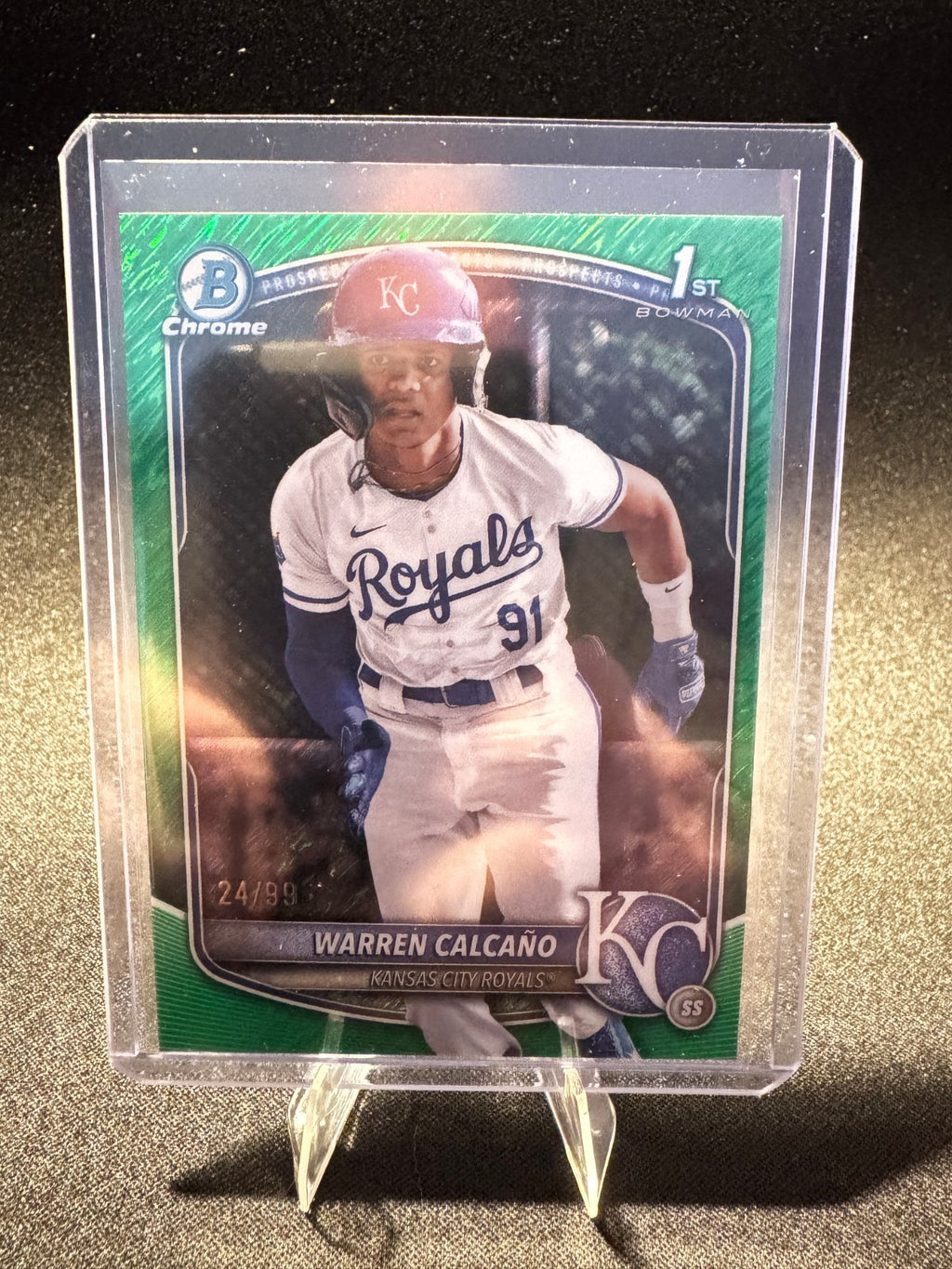 2025 Bowman Chrome - Prospects Warren Calcaño #BCP-185 Green Shimmer 24/99 (RC)
