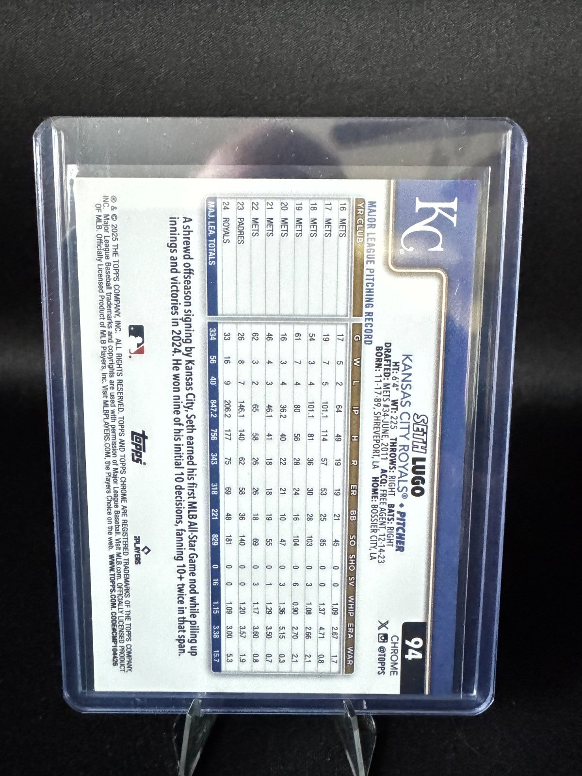 2025 Topps Chrome No. 94 Seth Lugo Purple Logofractor SP /250 - Royals