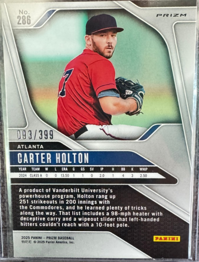 2025 Panini Prizm Carter Holton #286 Red Pulsar Prizm #'d 93/399 Atlanta Braves
