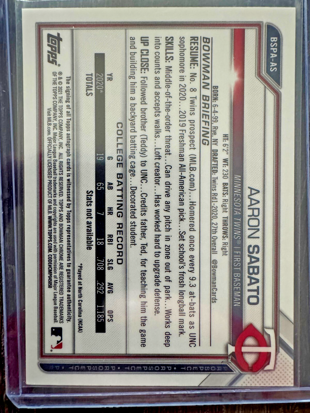 2021 Bowman Sapphire Edition - Chrome Prospects Autograph Aaron Sabato #BSPA-AS