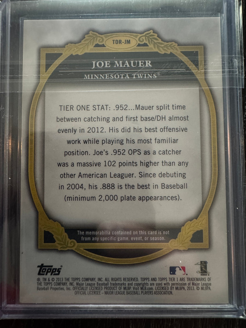 2013 Topps Tier One - Relics #TOR-JM Joe Mauer #314/399 Minnesota Twins