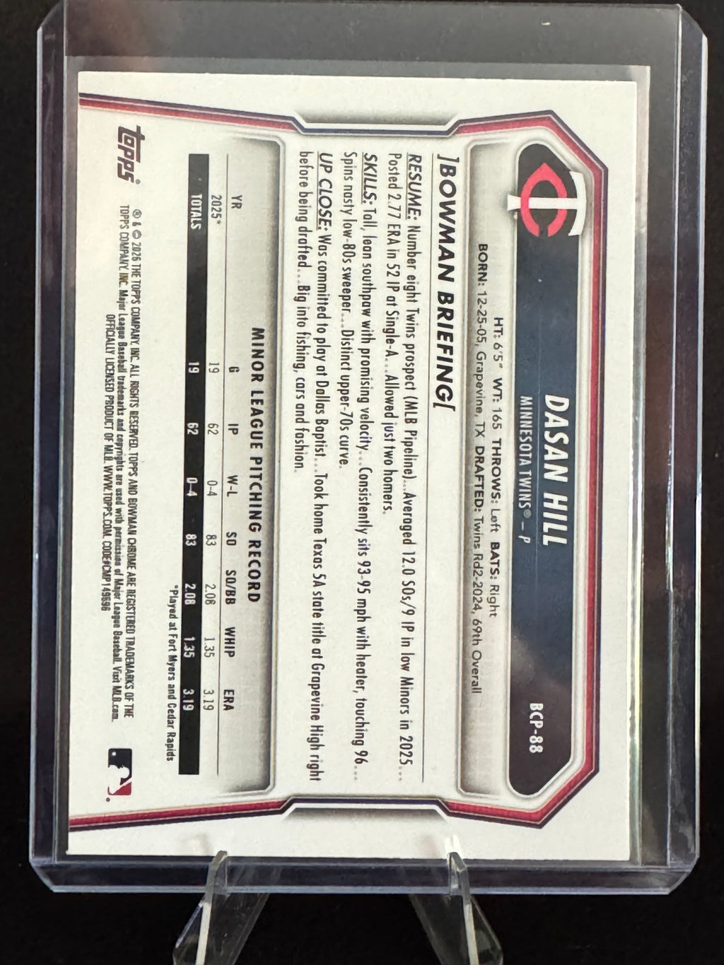 2026 Bowman Chrome Dasan Hill 1st Bowman #BCP-88 Purple Mojo Refractor /250
