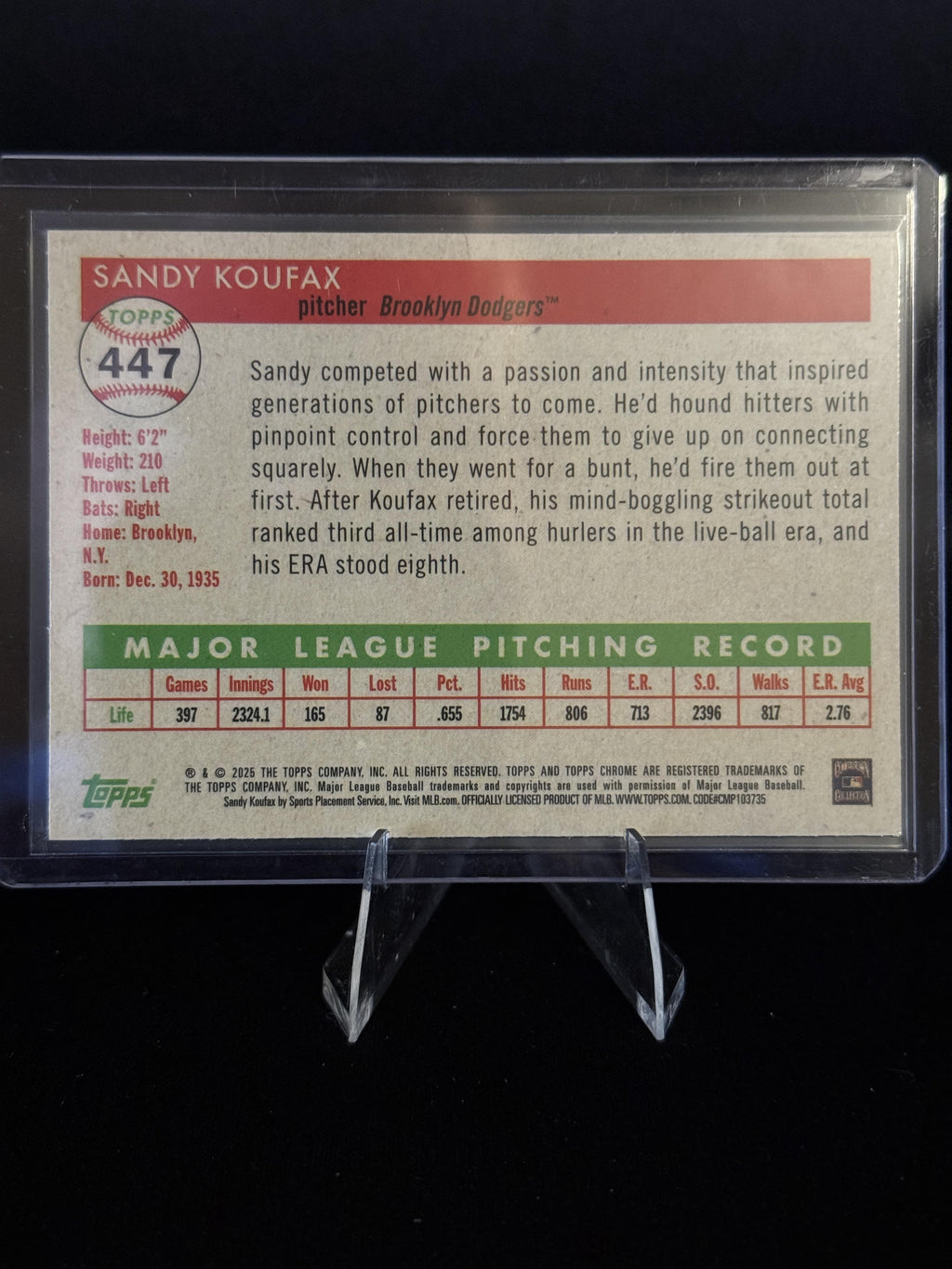 2025 Topps Chrome Platinum #447 Sandy Koufax Blue Prism Refractor