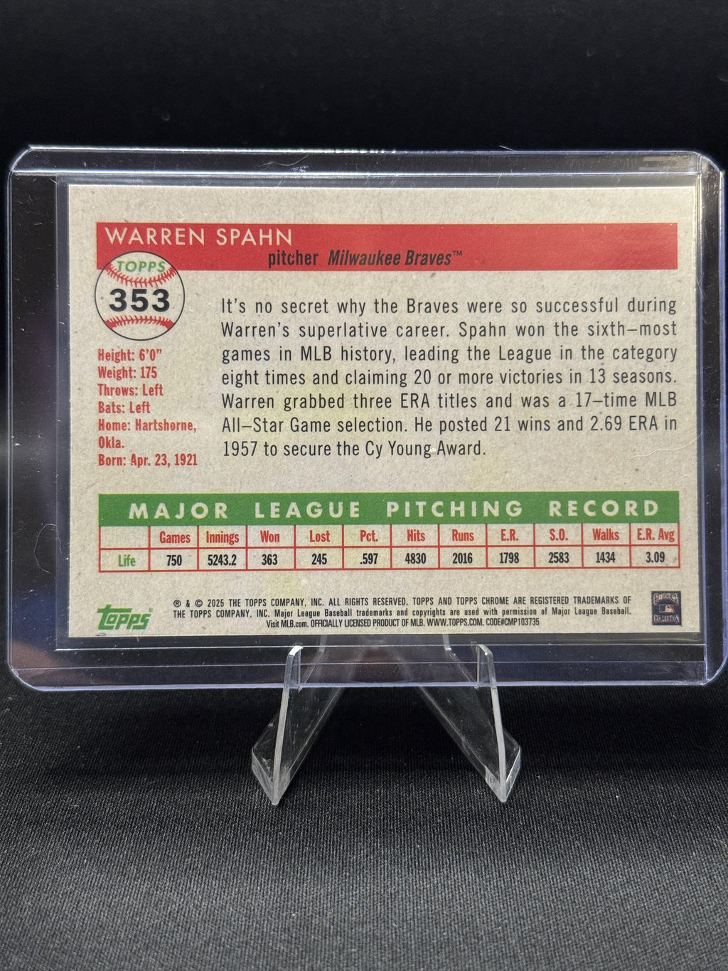 2025 Topps Chrome Platinum #353 Warren Spahn Prism Refractor