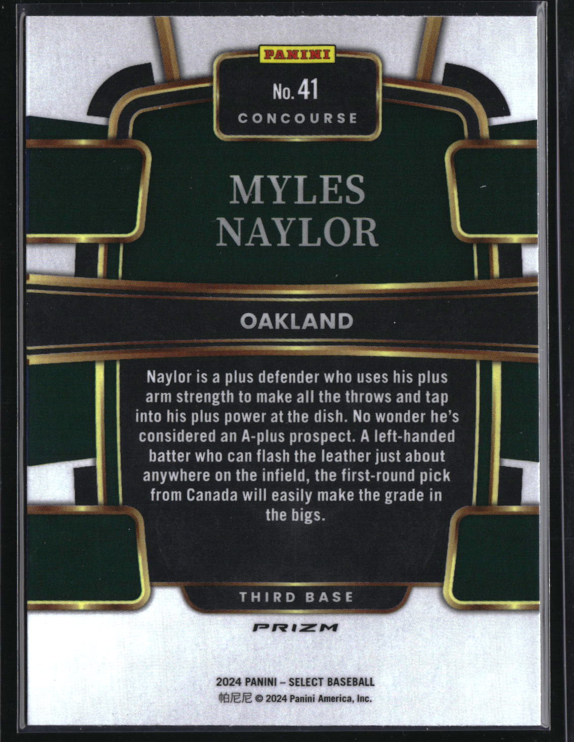 2024 Panini Select #41 Myles Naylor Tri-Color Prizm