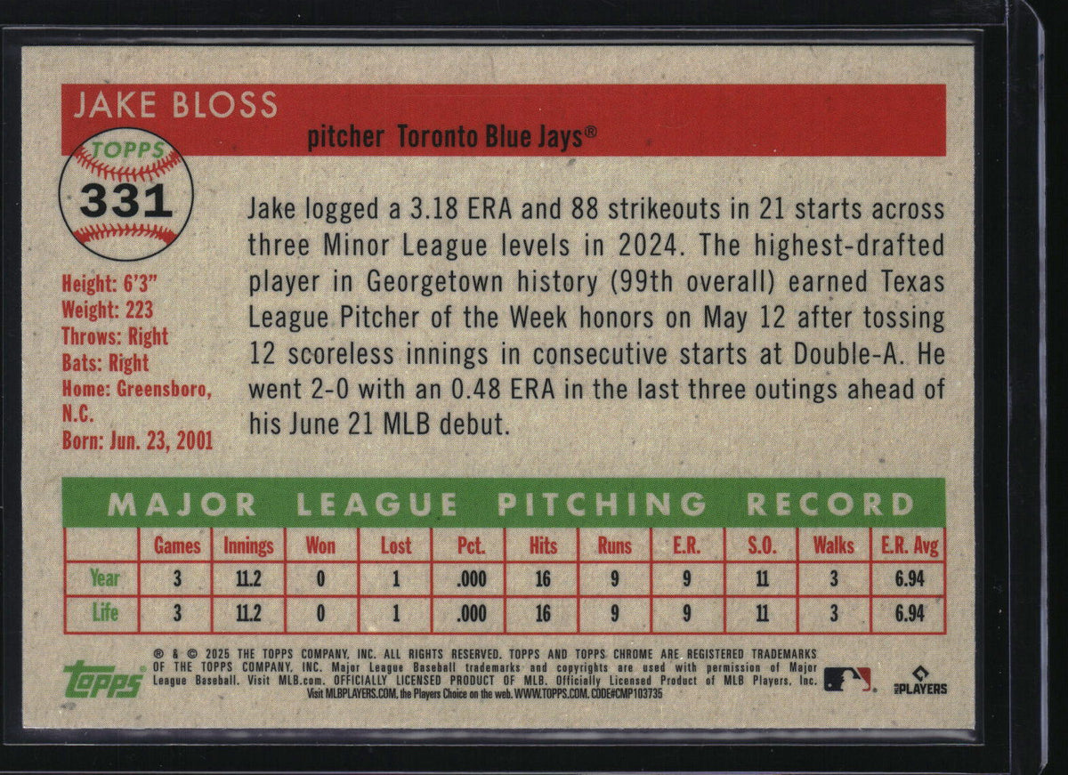 2025 Topps Chrome Platinum #331 Jake Bloss Topps Refractor #/499