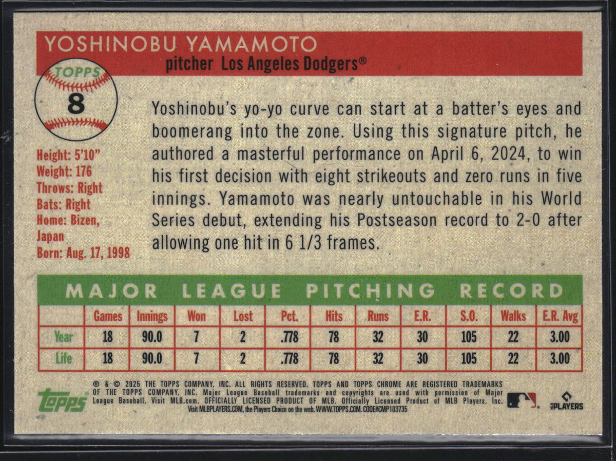 2025 Topps Chrome Platinum #8 Yoshinobu Yamamoto Blue Prism Refractor