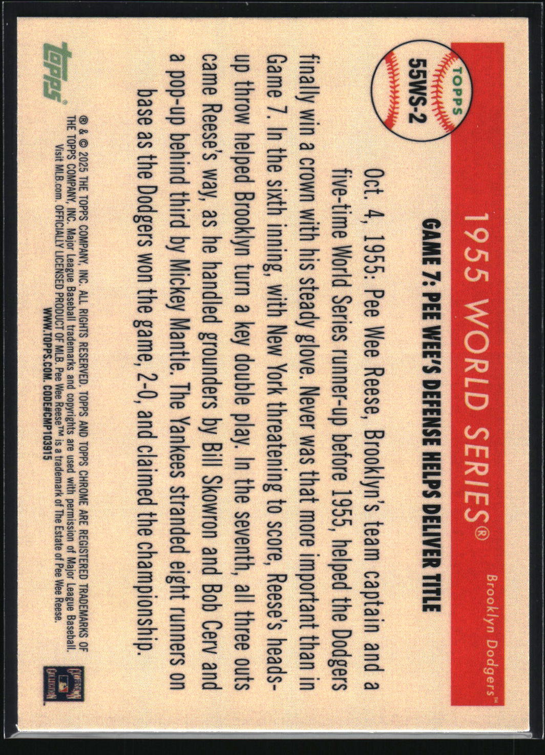 2025 Topps Chrome Platinum #55WS-2 Pee Wee Reese 1955 World Series