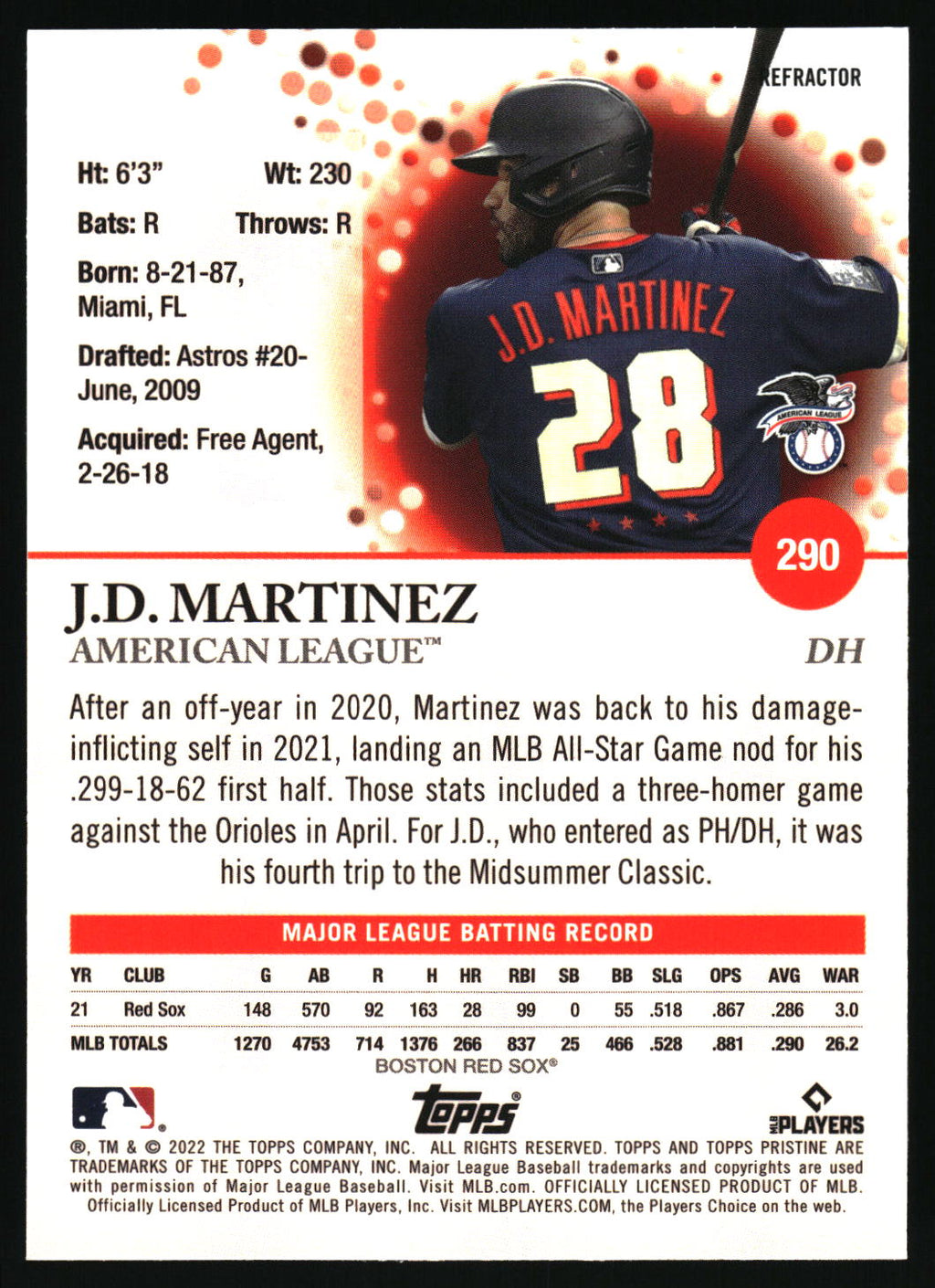 2022 Topps Pristine #290 J.D. Martinez Refractor