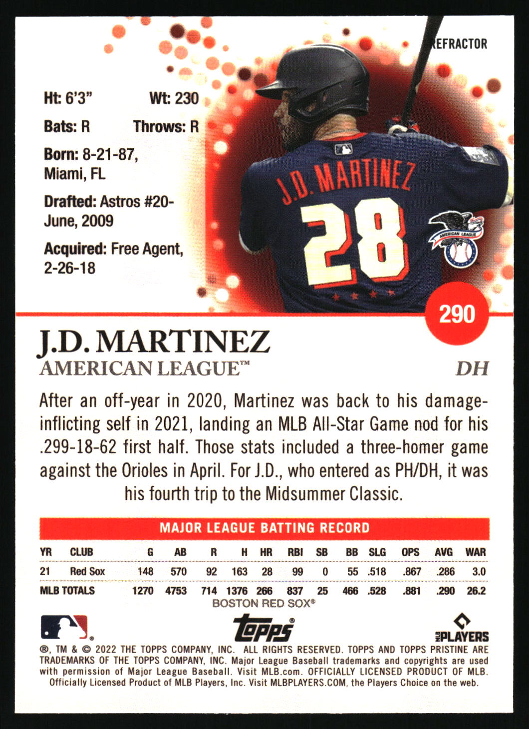 2022 Topps Pristine #290 J.D. Martinez Refractor