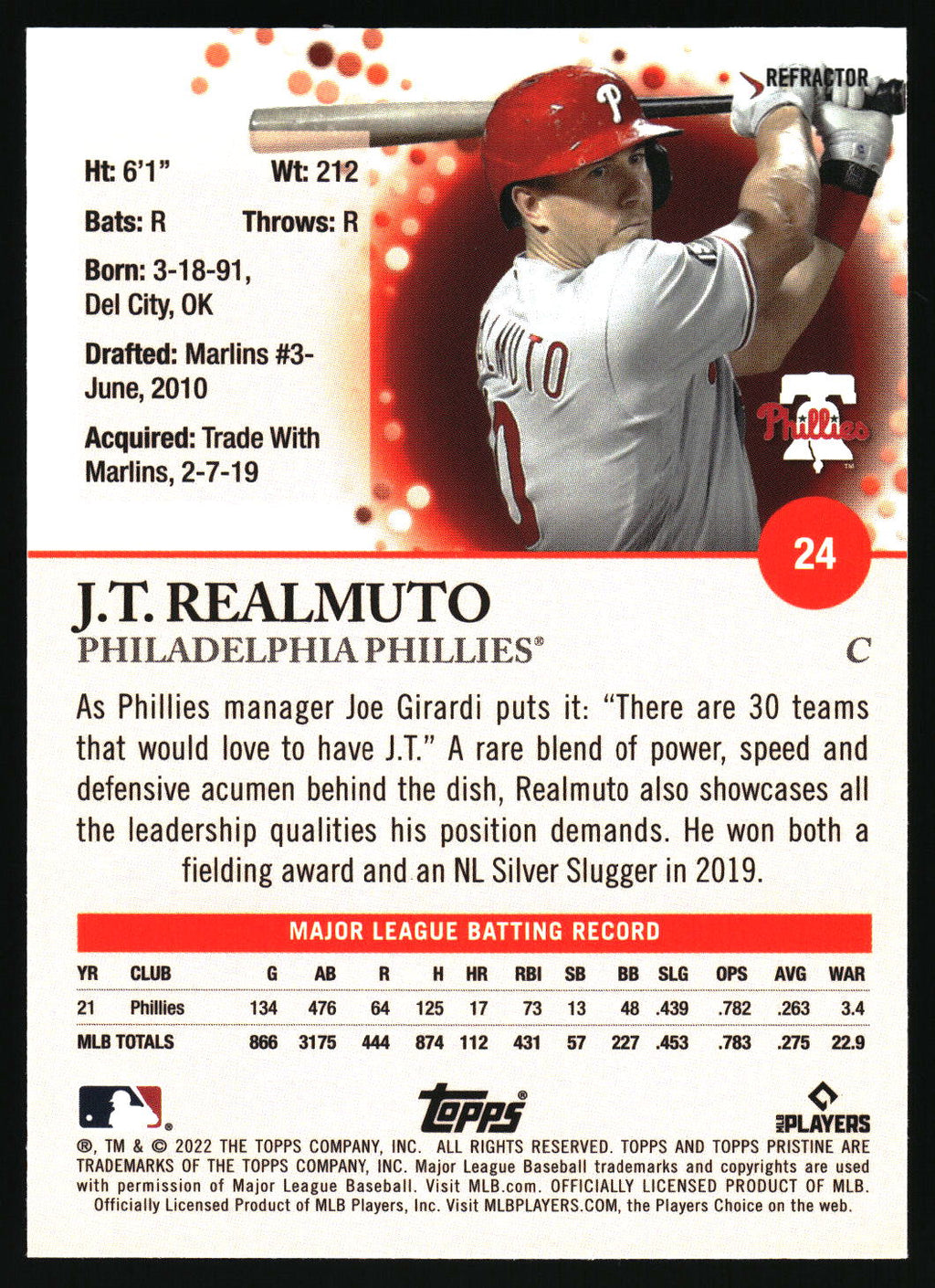 2022 Topps Pristine #24 J.T. Realmuto Refractor