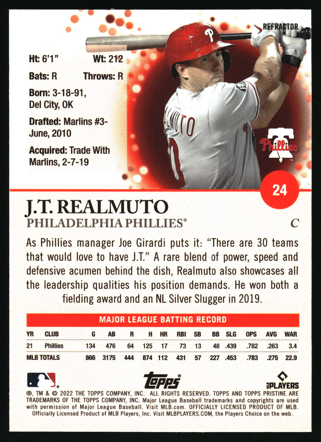 2022 Topps Pristine #24 J.T. Realmuto Refractor
