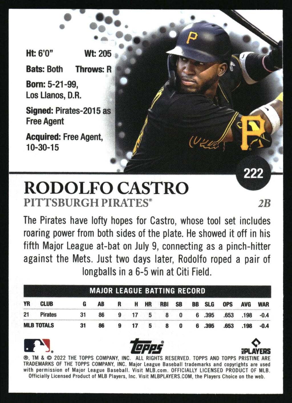 2022 Topps Pristine #222 Rodolfo Castro
