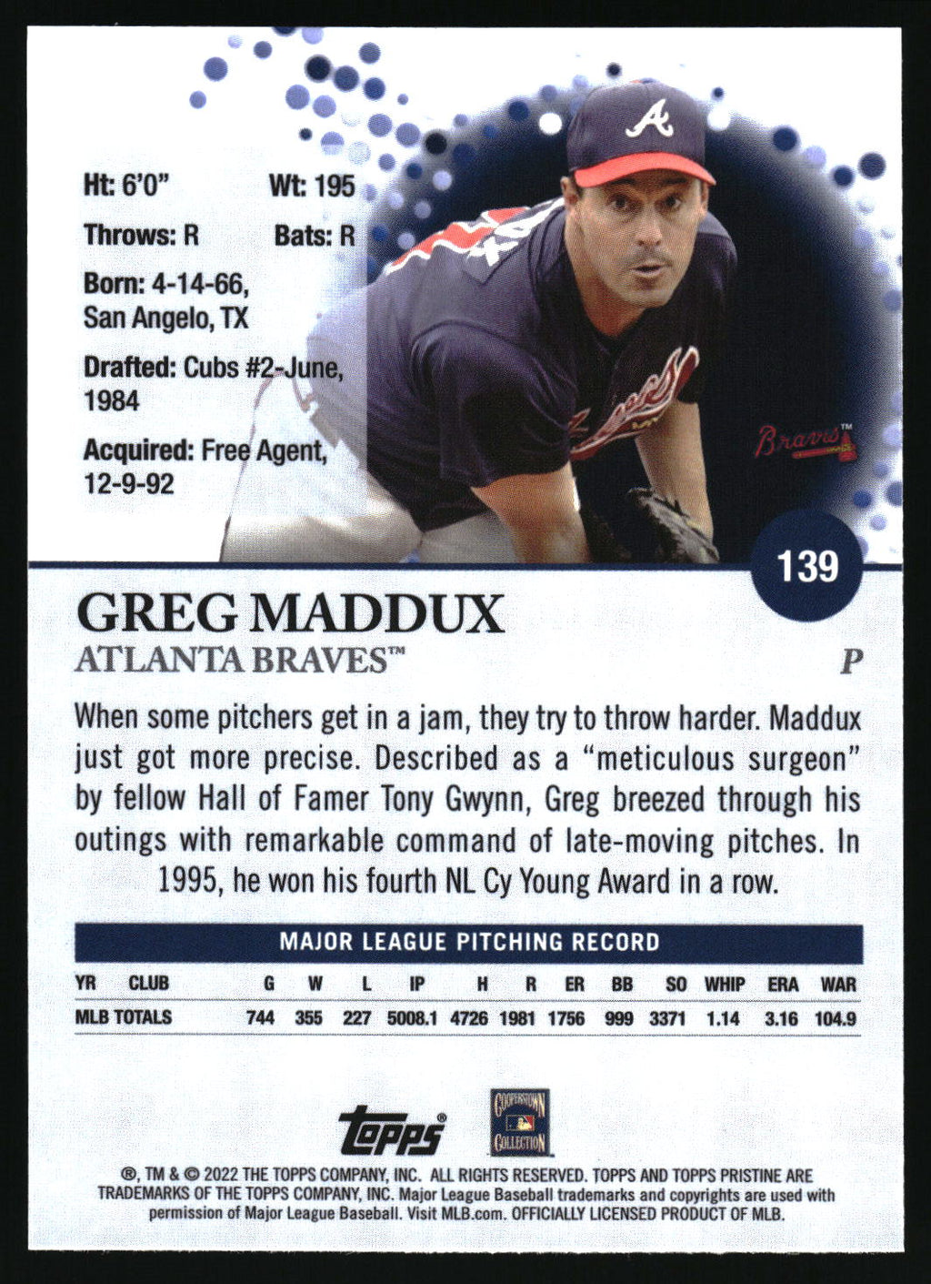 2022 Topps Pristine #139 Greg Maddux