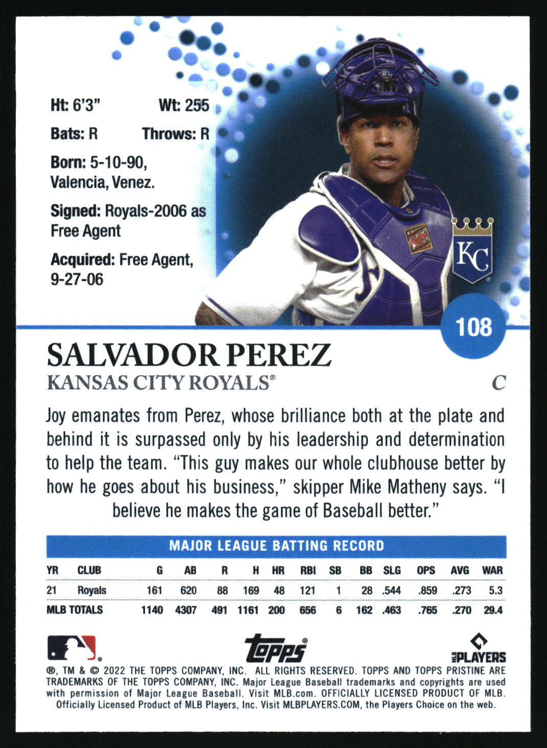 2022 Topps Pristine #108 Salvador Perez
