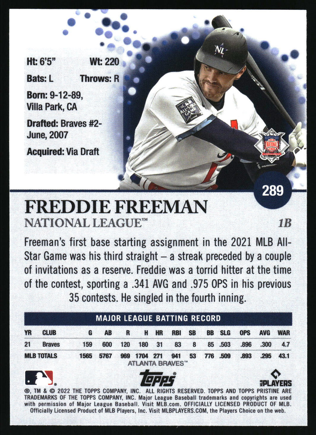 2022 Topps Pristine #289 Freddie Freeman